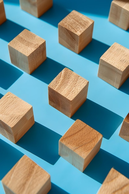 top view of wooden blocks on blue background leadership and success concept