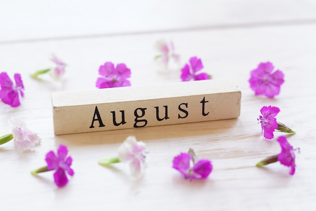 Top view of wooden calendar with August sign and pink flowers.