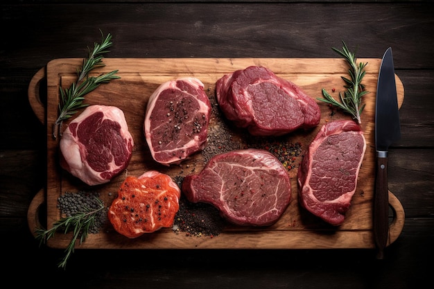 top view of a wooden cutting board with pieces of raw meat for cooking Generative AI