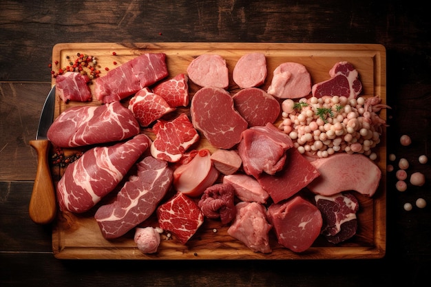 top view of a wooden cutting board with pieces of raw meat for cooking Generative AI