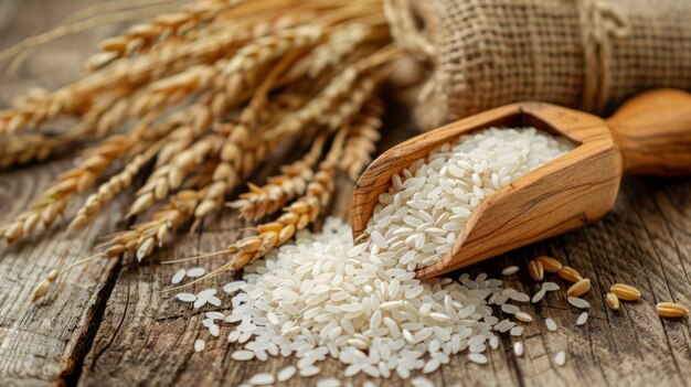 乾燥した小麦の耳の束に縛られた木製のテーブルの上に散らばった白い米の山と木製の穀物スコープのトップビュー