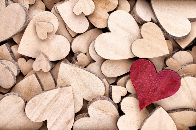 Top view wooden hearts on table