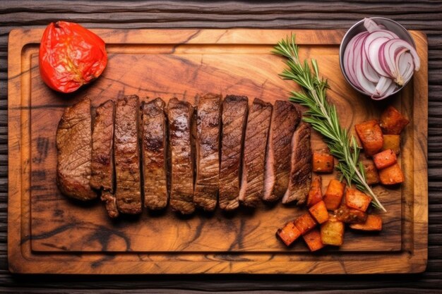 Top view of a wooden plate with grilled seitan steak