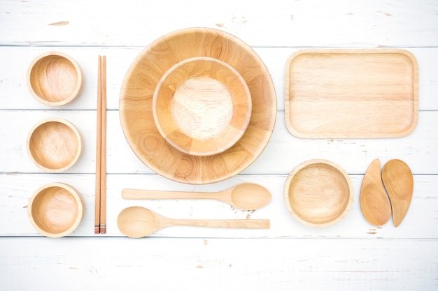 Top view of wooden plates and accessories