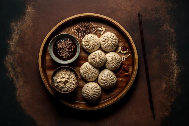 Top view of a wooden platter with delectable baozi dumplings and sesame seeds on a gray table