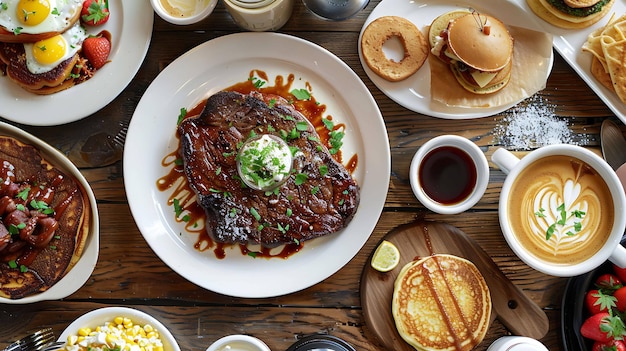 Top view of a wooden table full of delicious food There is a steak pancakes bacon eggs and more