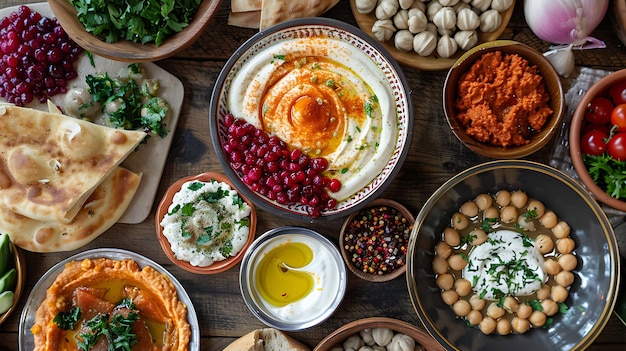 Foto vista dall'alto di un tavolo di legno pieno di delizioso cibo mediterraneo ci sono ciotole di hummus baba ghanoush falafel pita pane e altri piatti