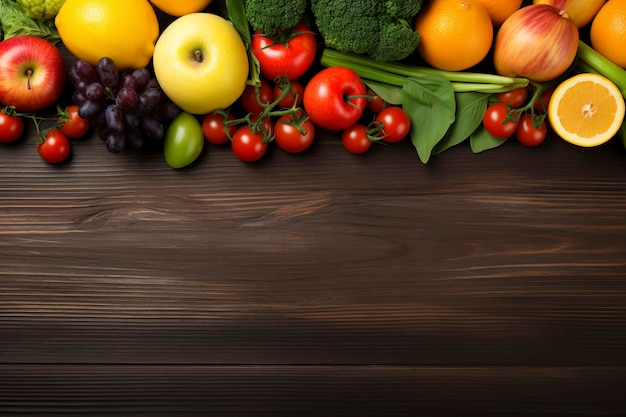 top view of wooden table full of fruit and vegetable composition background and copy space