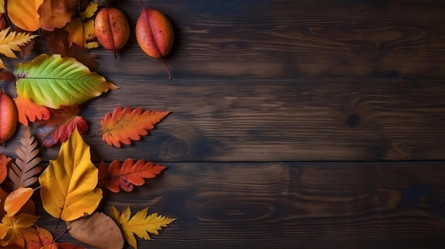 Top view a wooden table with autumn leaves on it