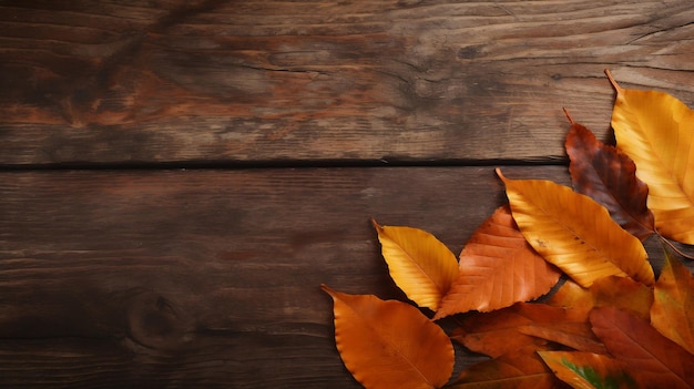 Top view a wooden table with autumn leaves on it