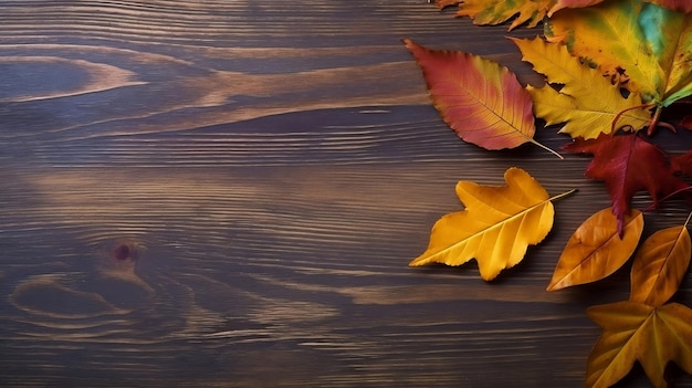 Top view a wooden table with autumn leaves on it