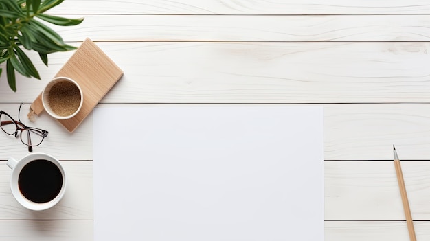 Top view of a wooden table with office supplies used as a mockup for a modern trend brochure