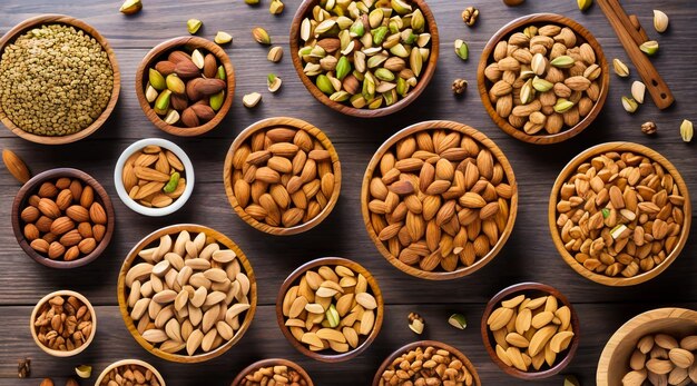 A top view of a wooden table with a variety of bowls filled with nuts