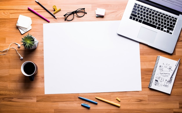 Photo top view of work table with white copy space background