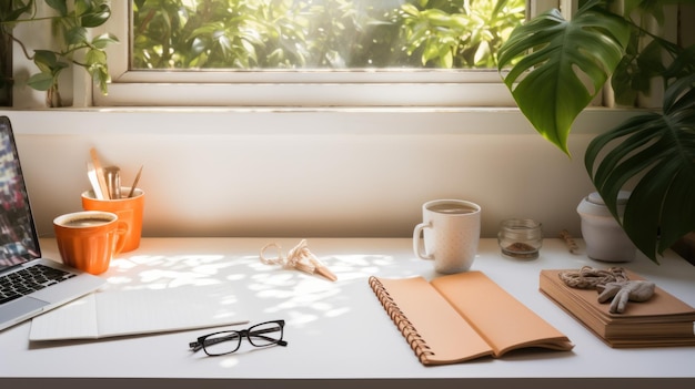 top view working desk at the morning with hot mug coffee soft shadow morning