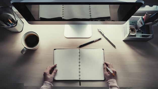 Top view of a working desk with open blank notebook