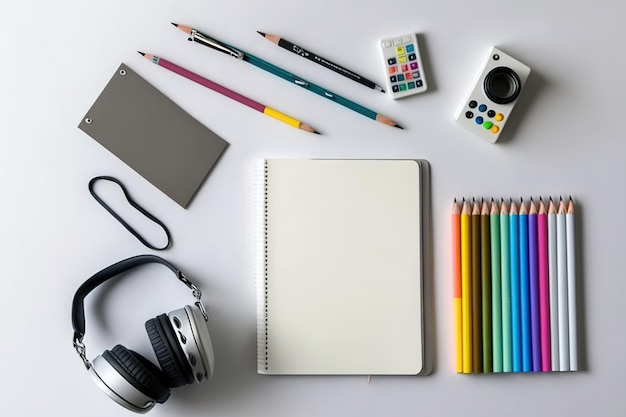 Top view of the workplace with the concept of education and work On a white wooden desk in a flat lay with copy space a blank notepad a pen binder clips a ruler paperclips and headphones are us