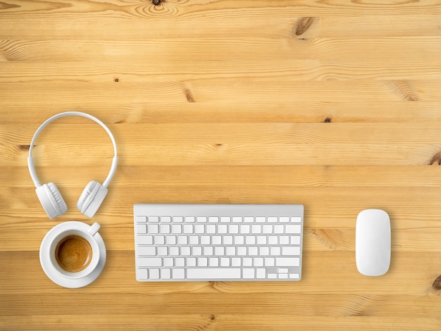 Top view of workspace desk with empty space of copyspace.