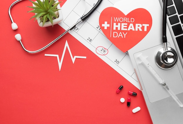 Photo top view world heart day concept with stethoscope