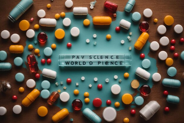 Top view world science day arrangement with pills