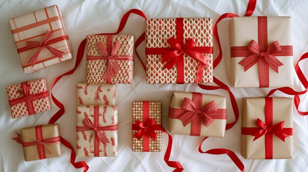 Top view of wrapped Christmas presents with red ribbons