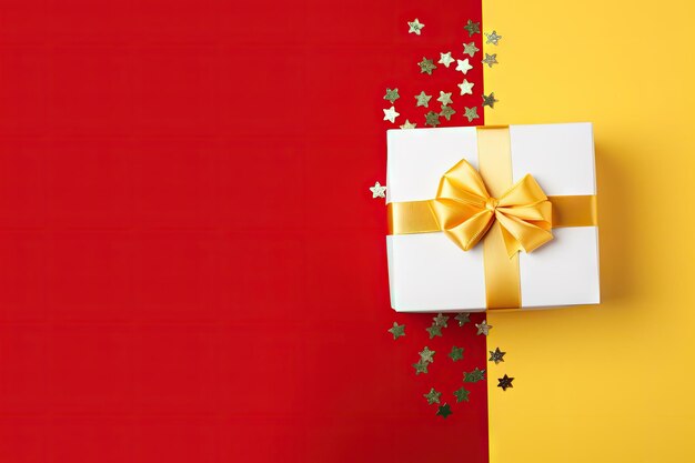 Top view of yellow background with white gift box and red ribbon