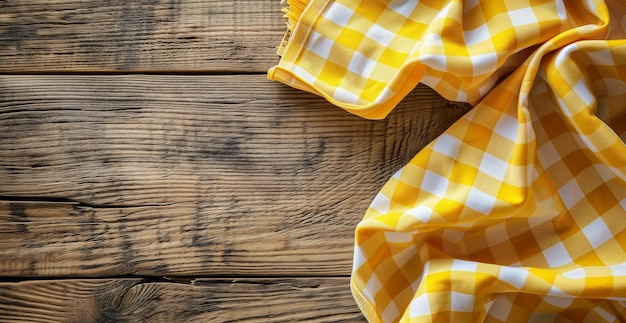 Top view of yellow checkered tablecloth on blank empty wooden table background banner food concept