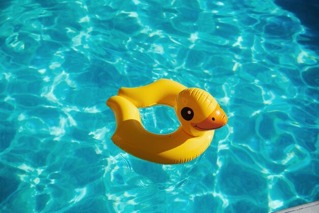 Top view of yellow duck toy for swimming in the pool at daytime