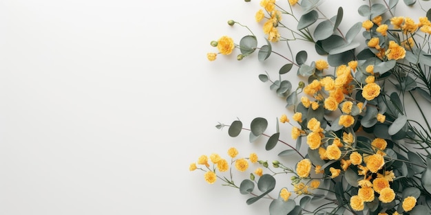 Top view yellow flower and branches spread on white background