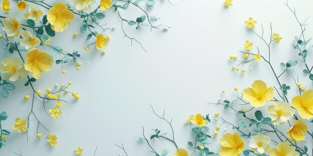 Top view yellow flower and branches spread on white background