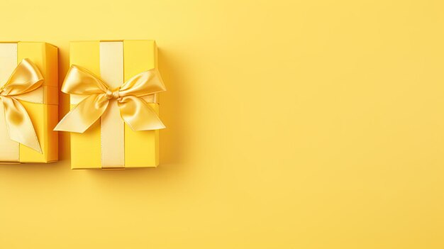 Top View Yellow Gift Present Boxes with Ribbons and Bow on Holiday Background for Spring