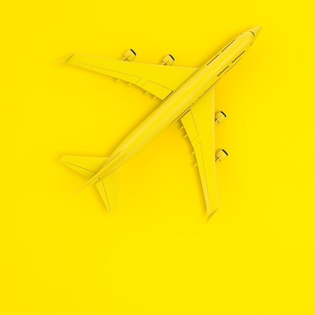 Top view of yellow jet passenger's airplane as duotone style on a yellow background. 3d rendering