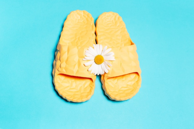 Top view of yellow slippers and chamomile flower  background.