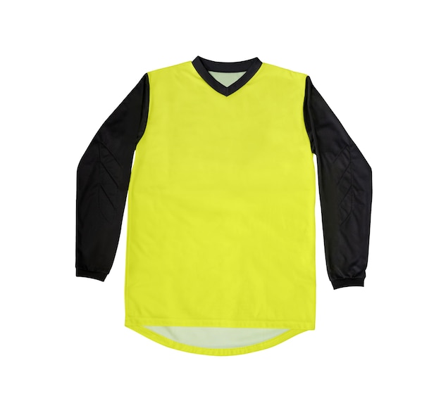 Top view of yellow sport jersey with black long sleeves isolated on white 