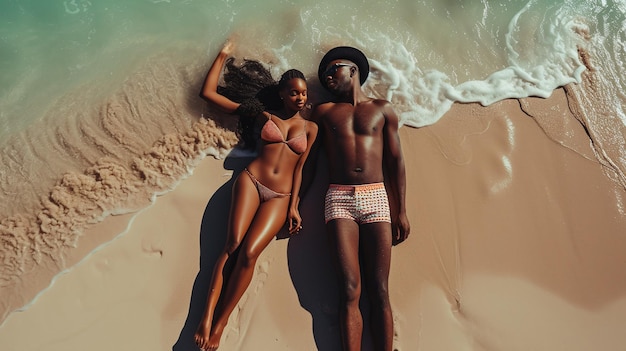 Top view of young african american couple in swimsuits lying on sandy beach and looking at camera