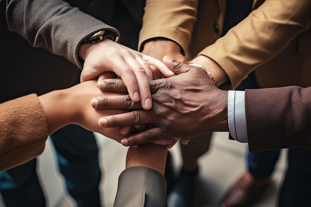 Photo top view of young business people putting their hands together stack of hands