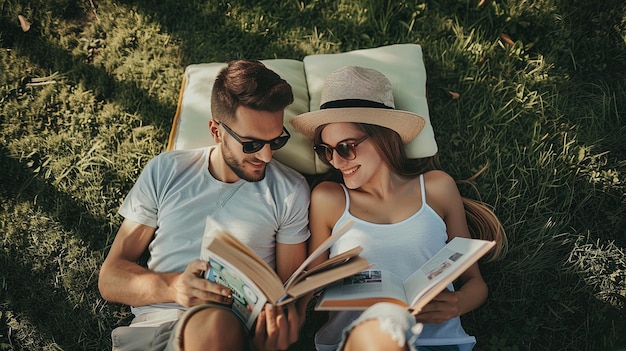 Foto vista superiore di una giovane coppia con gli occhiali da sole che legge libri mentre si siede su una sedia nel parco