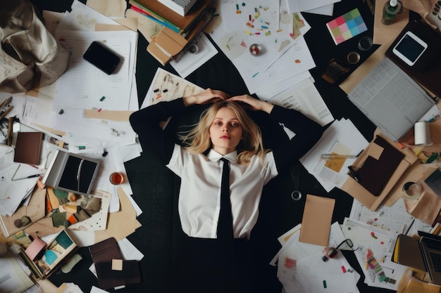 Photo a top view of a young scandinavian businesswoman lying on the floor that is full of papers and documents in an office scene generative ai aig30