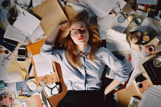 Вид сверху на молодую скандинавскую бизнесвумен, лежащую на полу, полном бумаг и документов, в офисе Генеративный AI AIG30