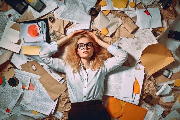 Photo a top view of a young scandinavian businesswoman lying on the floor that is full of papers and documents in an office scene generative ai aig30