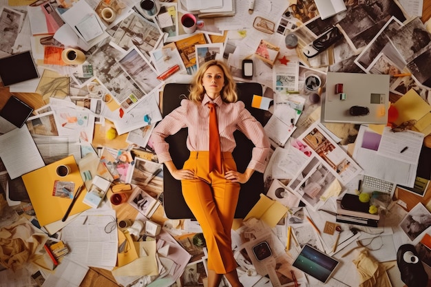 オフィスシーンで紙や書類でいっぱいの床に横たわる若いスカンジナビアの実業家の上面図 生成AI AIG30
