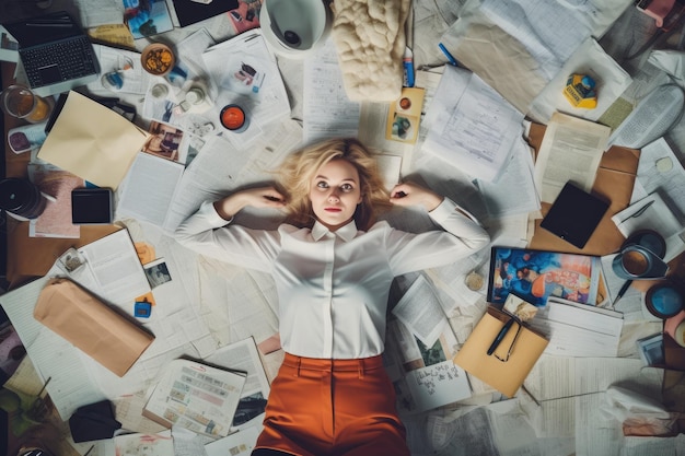 Photo a top view of a young scandinavian businesswoman lying on the floor that is full of papers and documents in an office scene generative ai image aig30