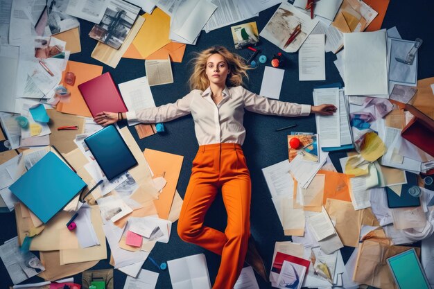 A top view of a young Scandinavian businesswoman lying on the floor that is full of papers and documents in an office scene Generative AI image AIG30