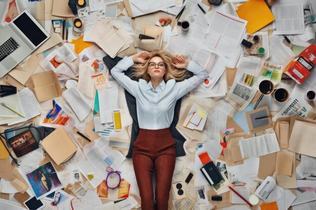 Photo a top view of a young scandinavian businesswoman lying on the floor that is full of papers and documents in an office scene generative ai image aig30