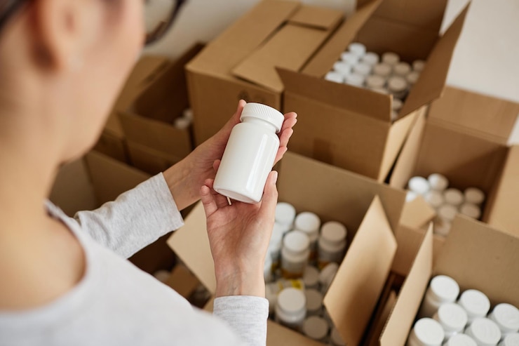 Top view of young woman holding blank pill bottle packaging medicine at factory