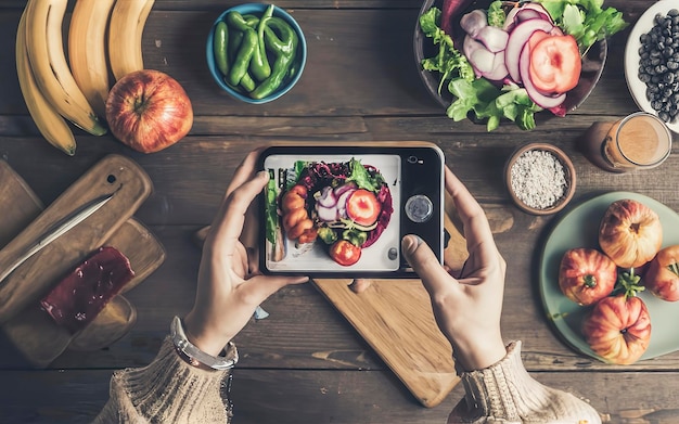 Photo top view of young woman taking aesthetic photo of food using smartphone in home studio