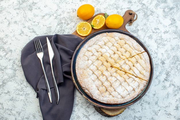 top view yummy lemon pie sugar powdered inside pan on white background biscuit pastry bake sugar cookie tea dessert