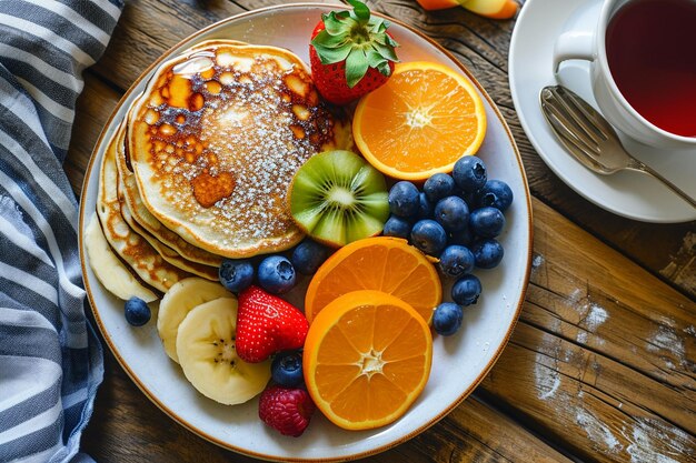 写真 トップビューの美味しいパンケーキとフルーツと茶のカップを暗い