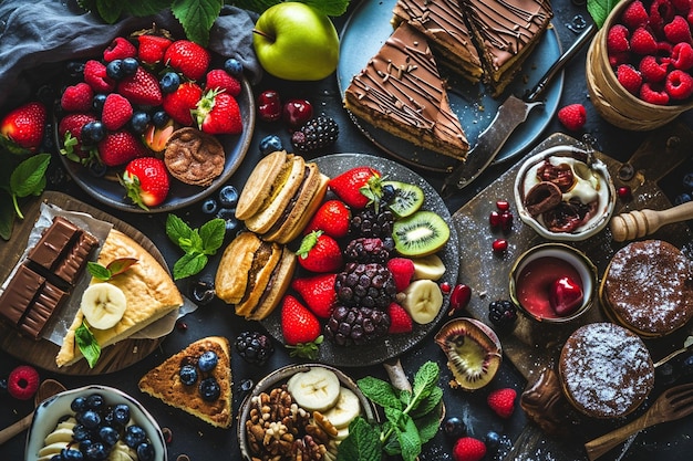 Фото Верхний вид вкусные блинчики с фруктами и сладкие пироги в темноте