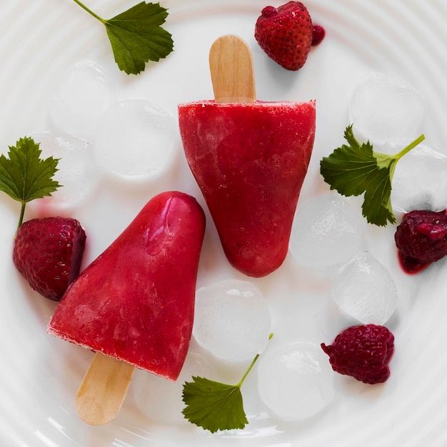 Top view of yummy popsicles with mint and strawberries